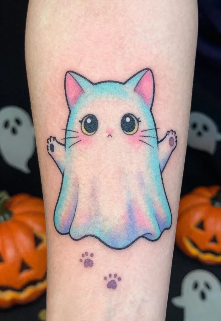 14 Cat Ghost Tattoo Ideas With Cute Spooky Twist - 1. Playful Phantom Paws 1