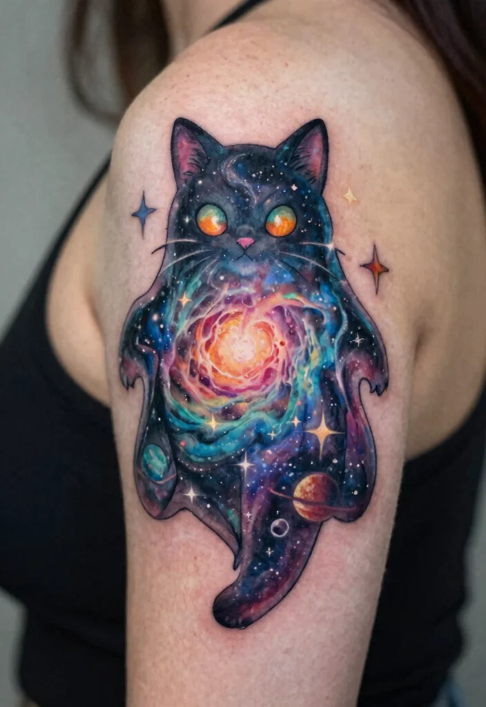 14 Cat Ghost Tattoo Ideas With Cute Spooky Twist - 10. Cosmic Cat Spirits 1