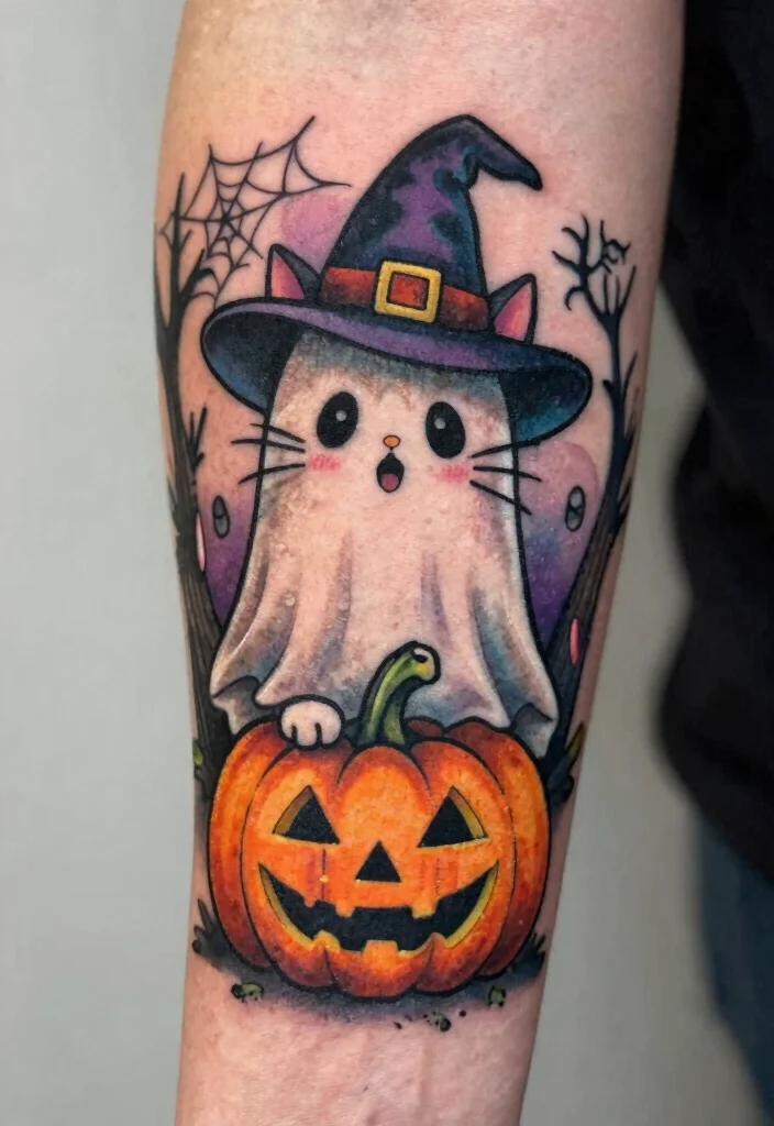 14 Cat Ghost Tattoo Ideas With Cute Spooky Twist - 11. Halloween Whimsy 1