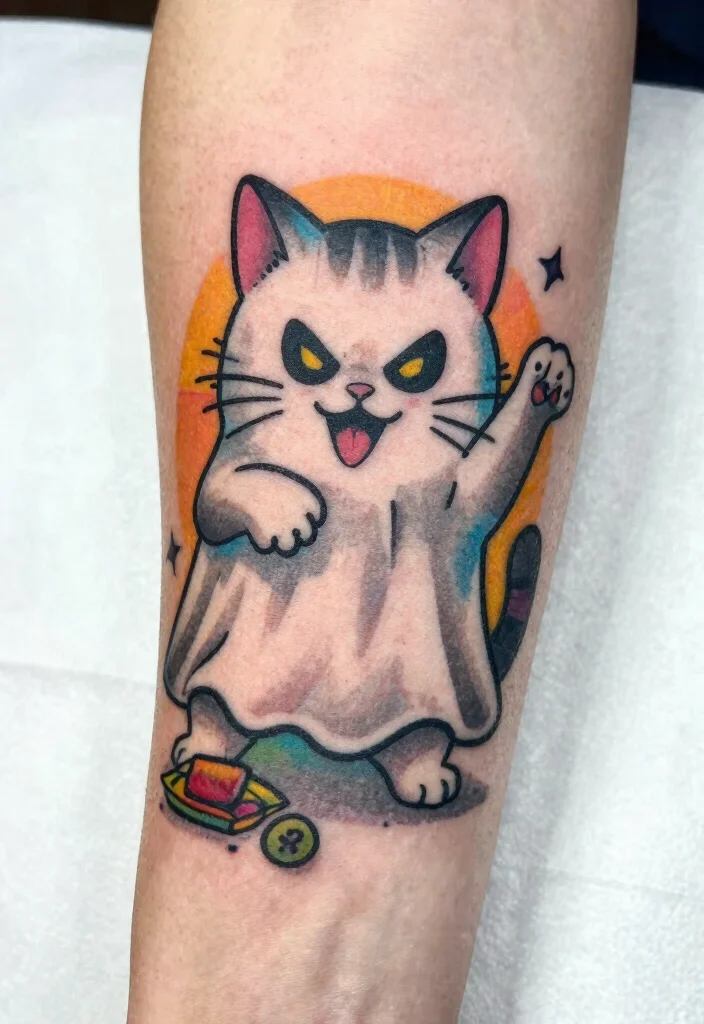 14 Cat Ghost Tattoo Ideas With Cute Spooky Twist - 13. Mischief Managed 1