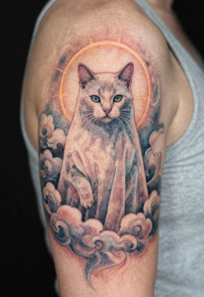 14 Cat Ghost Tattoo Ideas With Cute Spooky Twist - 14. Spirit of the Feline 1