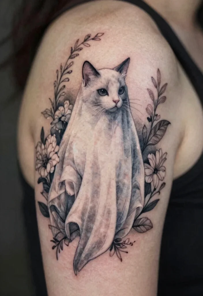 14 Cat Ghost Tattoo Ideas With Cute Spooky Twist - 2. Elegant Ectoplasm 1