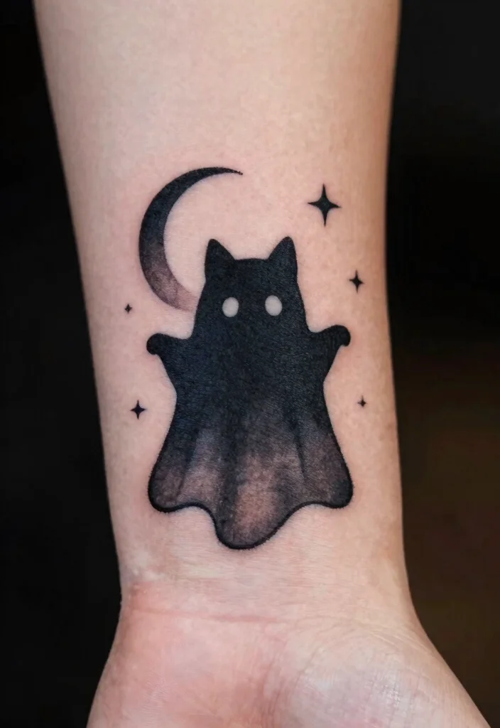 14 Cat Ghost Tattoo Ideas With Cute Spooky Twist - 3. Spooky Silhouettes 1