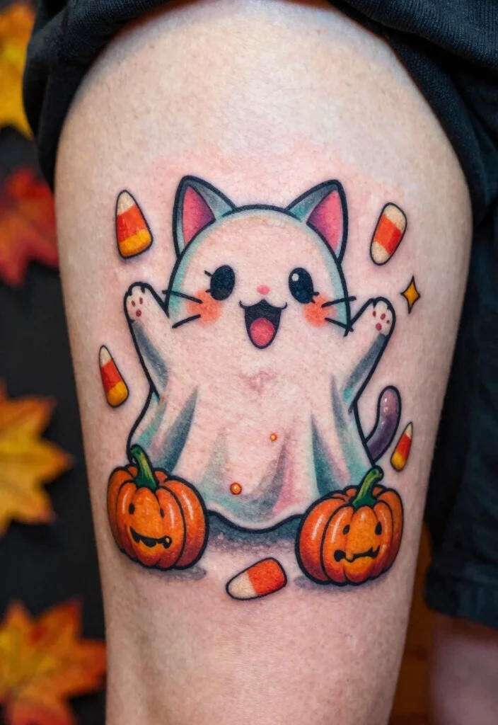 14 Cat Ghost Tattoo Ideas With Cute Spooky Twist - 4. Bubbly Boo Cats 1
