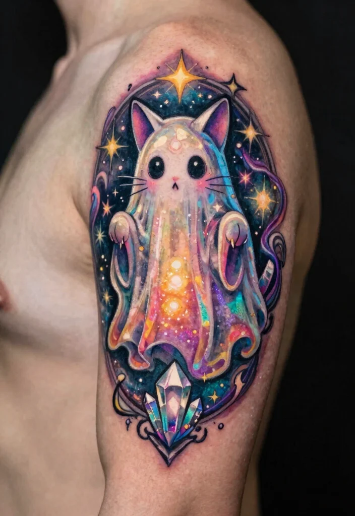 14 Cat Ghost Tattoo Ideas With Cute Spooky Twist - 5. Charmed Cat Spirits 1