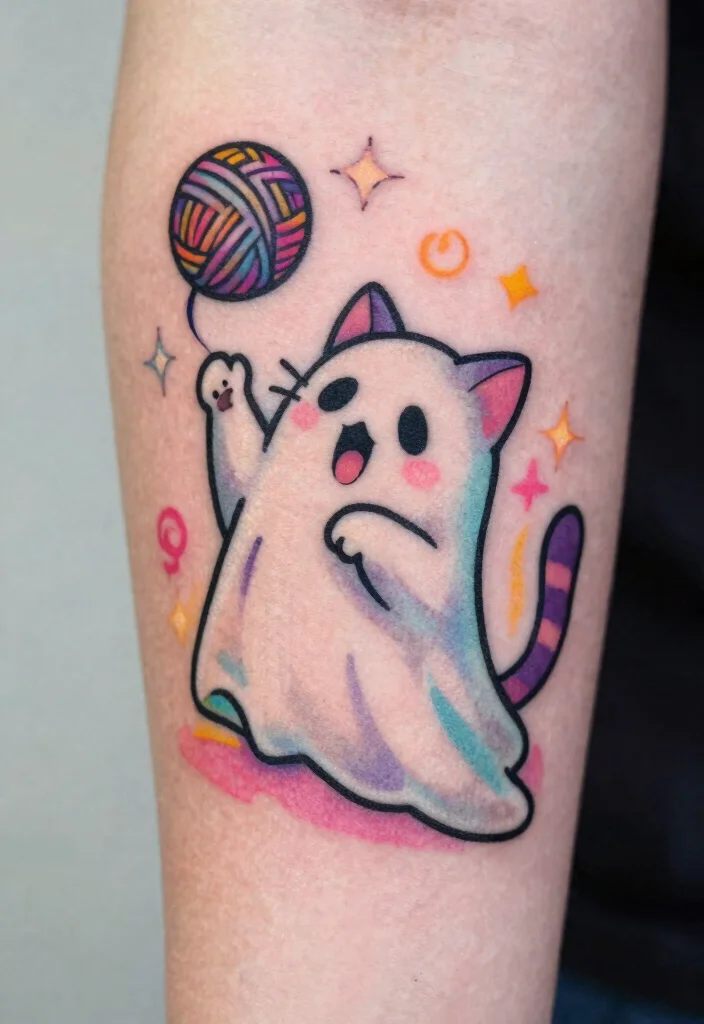 14 Cat Ghost Tattoo Ideas With Cute Spooky Twist - 6. Mischievous Mew 1