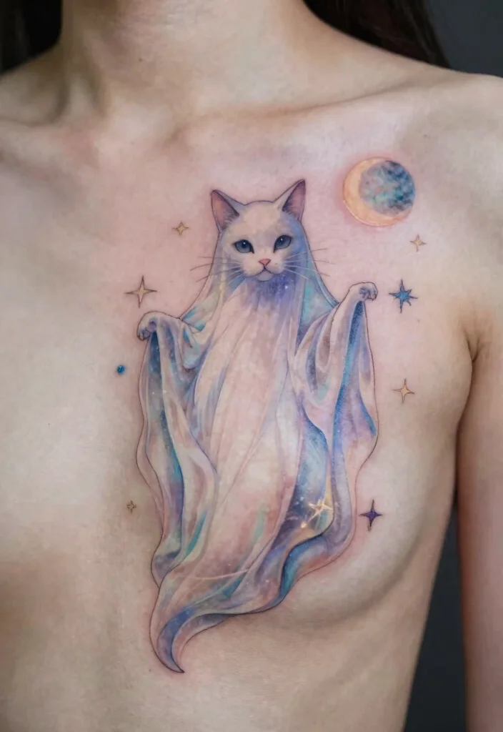 14 Cat Ghost Tattoo Ideas With Cute Spooky Twist - 7. Ghostly Guardian 1