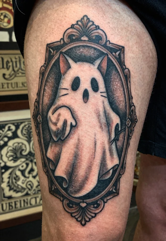 14 Cat Ghost Tattoo Ideas With Cute Spooky Twist - 8. Vintage Vibes 1