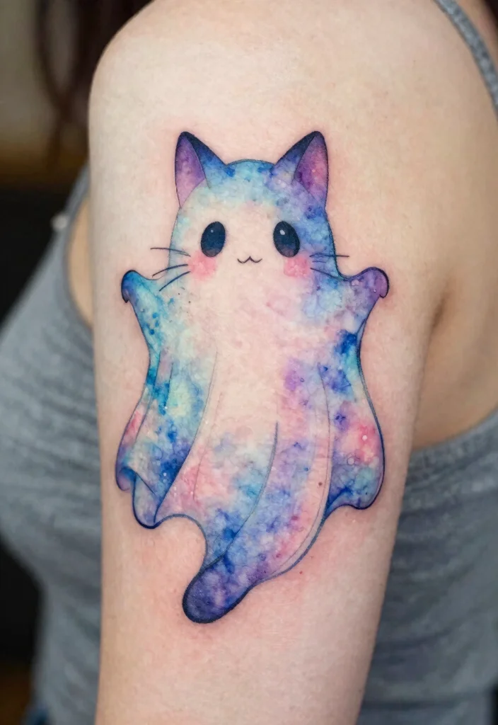 14 Cat Ghost Tattoo Ideas With Cute Spooky Twist - 9. Whimsical Watercolors 1
