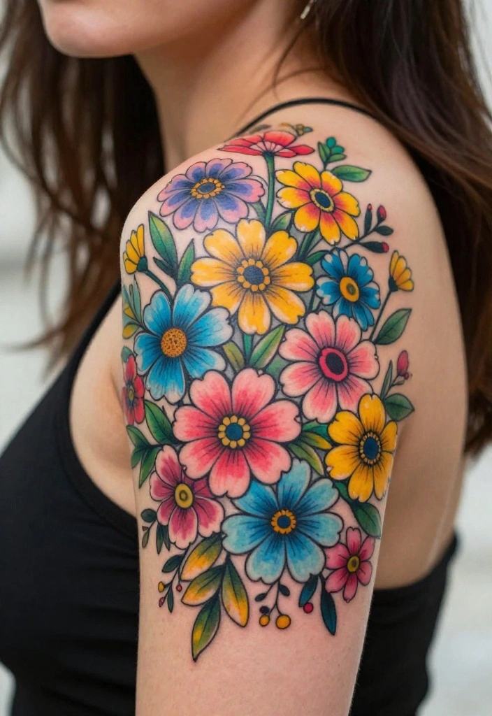 14 Flower Flash Tattoo Ideas With Soft Artistic Detail 39 14 Flower Flash Tattoo Ideas With Soft Artistic Detail - 9. Colorful Pop of Flowers 1