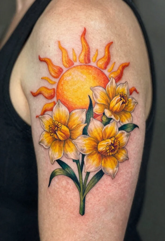 14 Jonquil Flower Tattoo Ideas With Soft Spring Meaning 42 14 Jonquil Flower Tattoo Ideas With Soft Spring Meaning - 12. Jonquil Flower and Sun Design 1