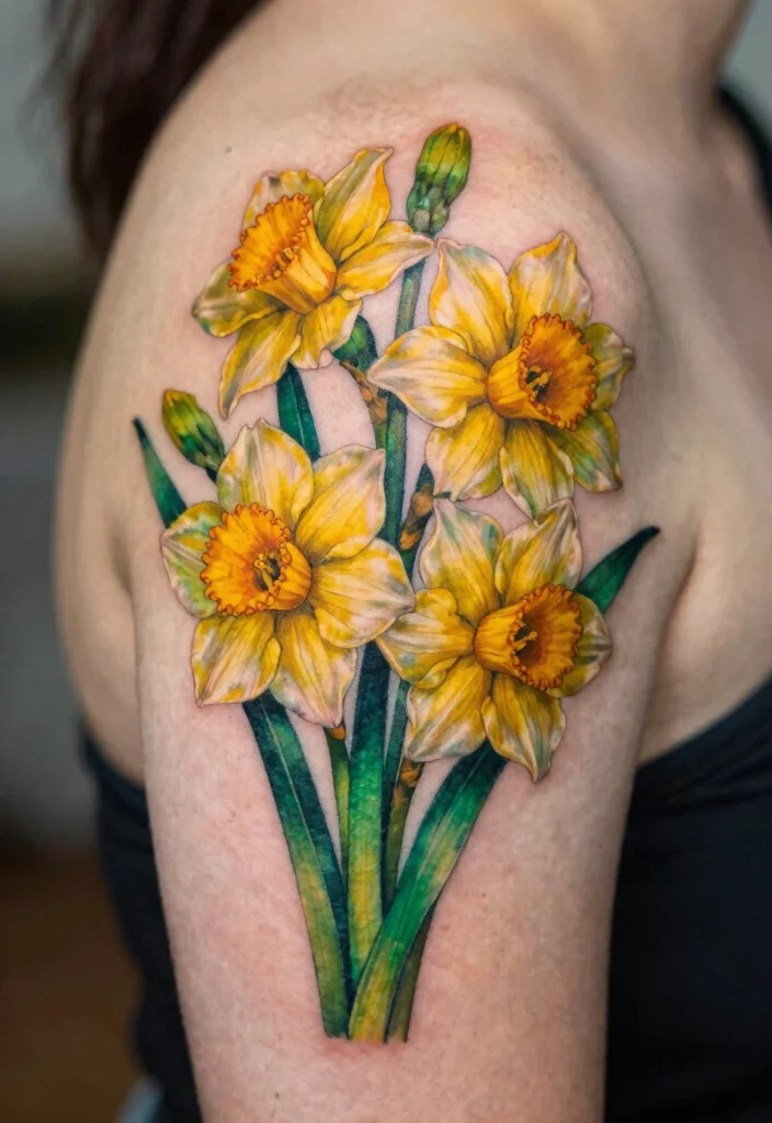 14 Jonquil Flower Tattoo Ideas With Soft Spring Meaning 25 14 Jonquil Flower Tattoo Ideas With Soft Spring Meaning - 5. Jonquil Bouquet on the Shoulder 1