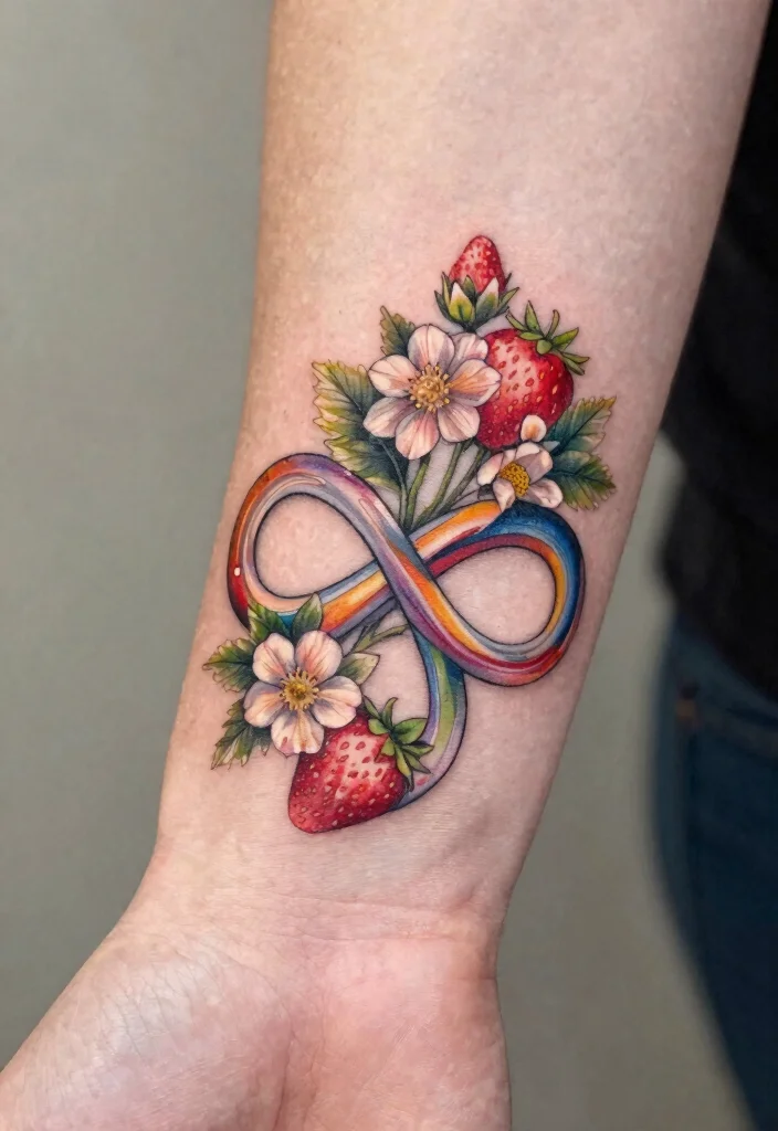 14 Strawberry Flower Tattoo Ideas With Sweet Charm - 10. Infinity with Strawberry Flowers 1