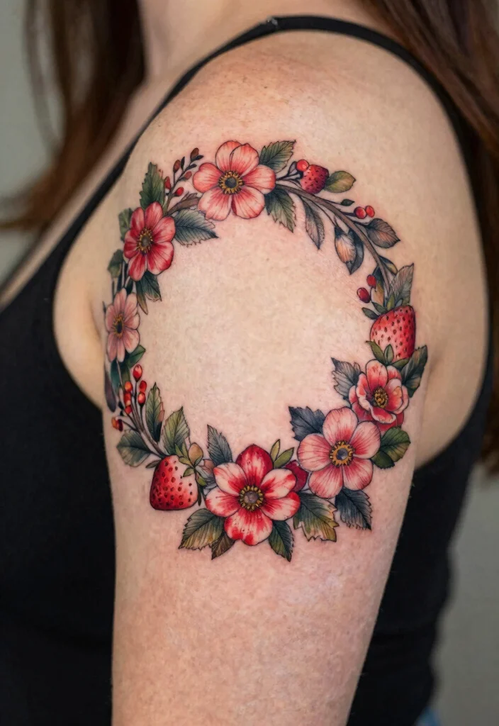 14 Strawberry Flower Tattoo Ideas With Sweet Charm - 12. Floral Wreath Tattoo 1