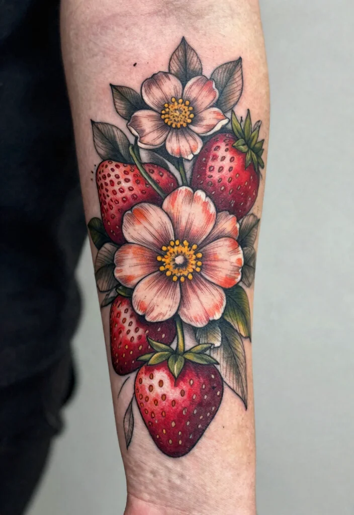 14 Strawberry Flower Tattoo Ideas With Sweet Charm - 13. Layered Floral Design 1
