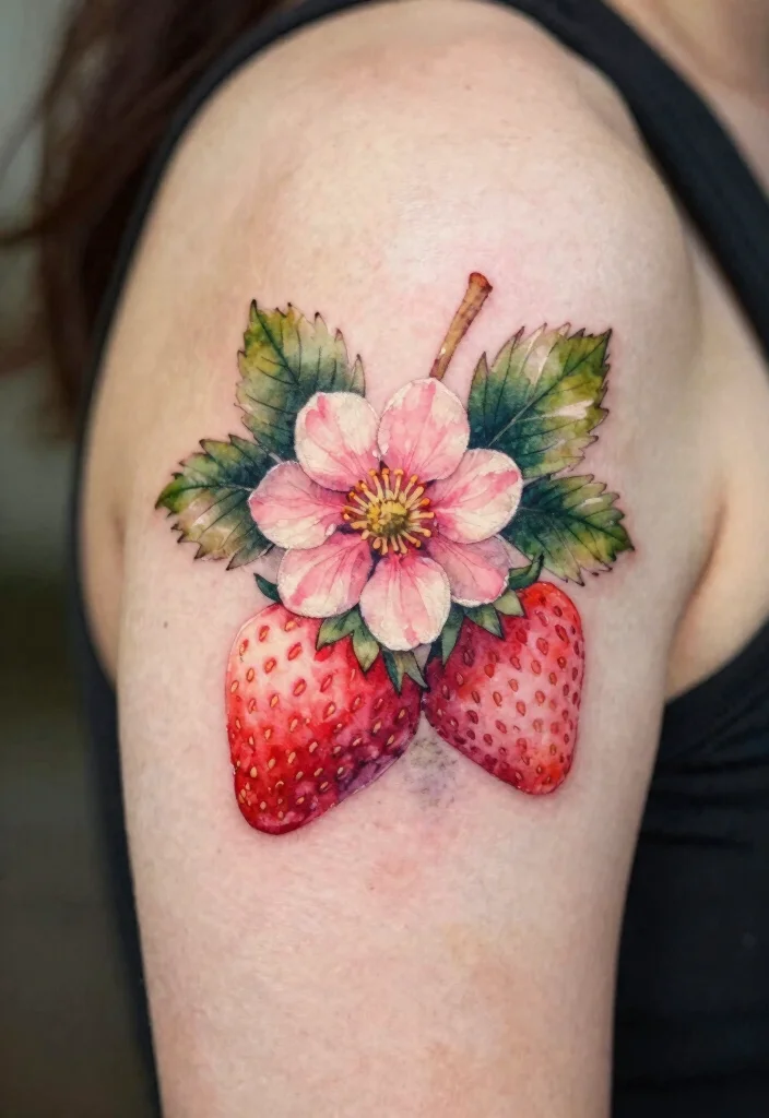 14 Strawberry Flower Tattoo Ideas With Sweet Charm - 2. Watercolor Splash 1
