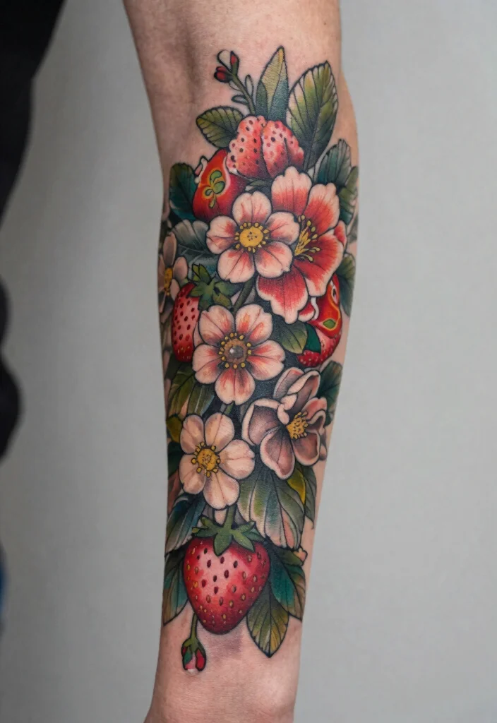 14 Strawberry Flower Tattoo Ideas With Sweet Charm - 5. Floral Sleeve Tattoo 1
