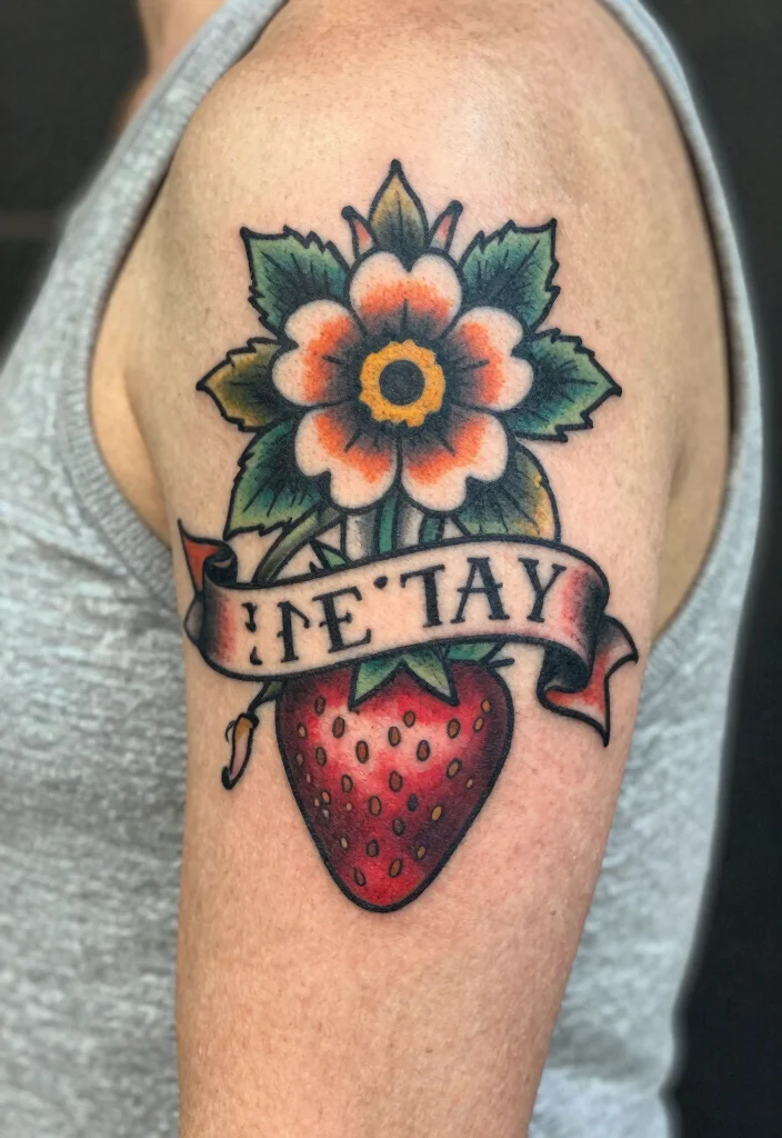 14 Strawberry Flower Tattoo Ideas With Sweet Charm - 6. Vintage Style Tattoo 1