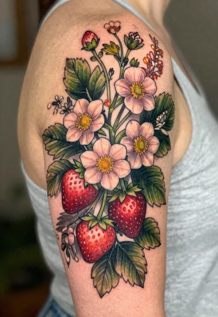 14 Strawberry Flower Tattoo Ideas With Sweet Charm - 7. Botanical Arrangement 1