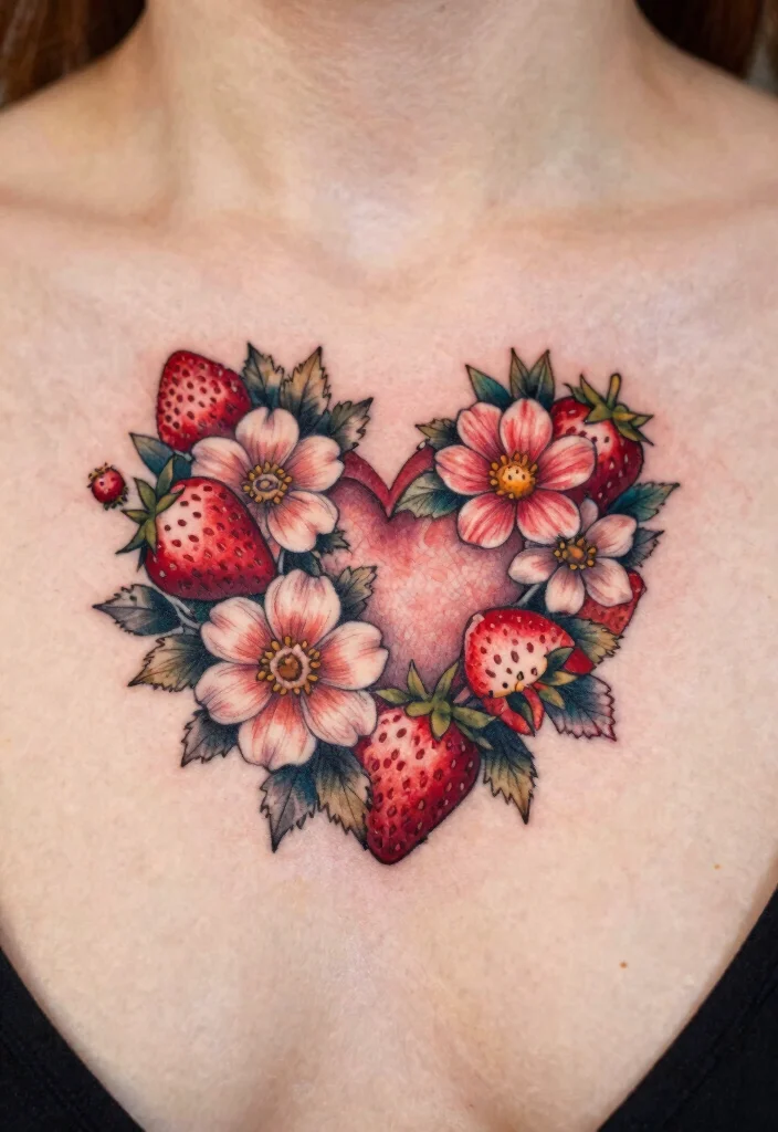 14 Strawberry Flower Tattoo Ideas With Sweet Charm - 9. Floral Heart Design 1