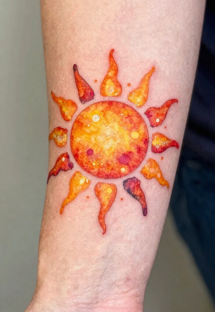 14 Sun Wrist Tattoo Ideas With Minimal Glow 60 14 Sun Wrist Tattoo Ideas With Minimal Glow - 10. Watercolor Sun Tattoo 1