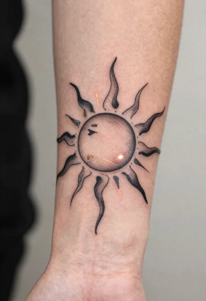 14 Sun Wrist Tattoo Ideas With Minimal Glow 61 14 Sun Wrist Tattoo Ideas With Minimal Glow - 11. Abstract Sun Tattoo 1