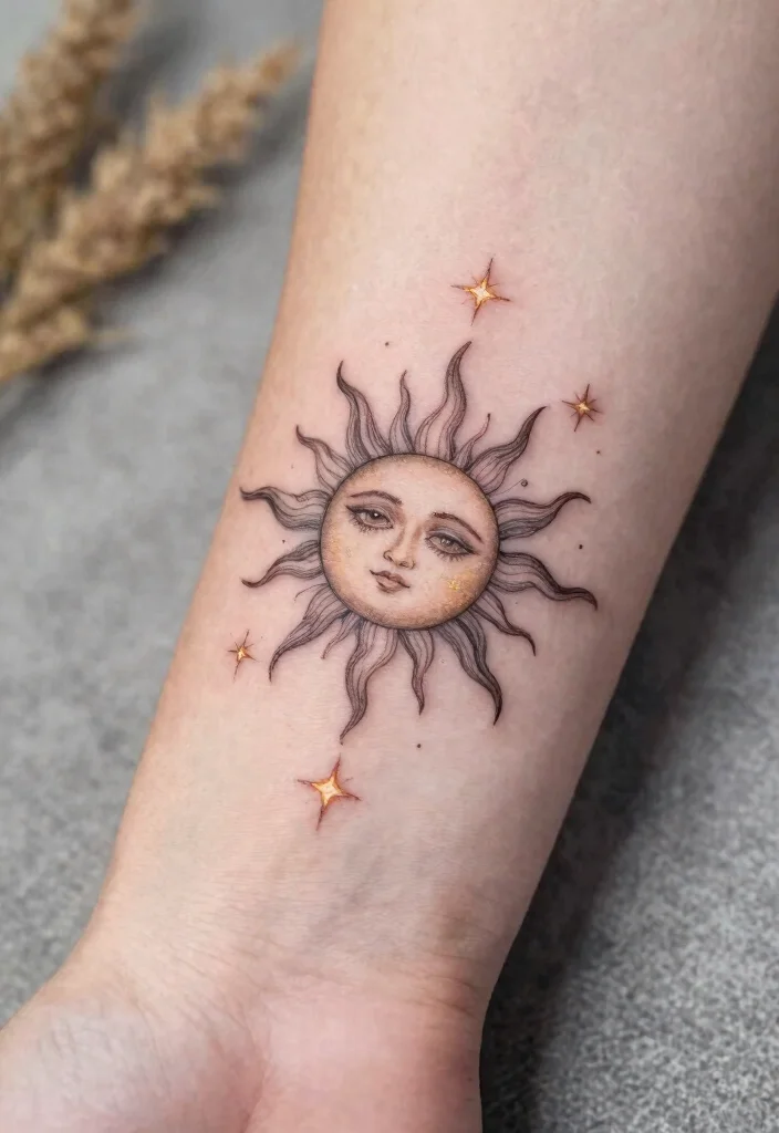14 Sun Wrist Tattoo Ideas With Minimal Glow 62 14 Sun Wrist Tattoo Ideas With Minimal Glow - 12. Sun with Stars 1