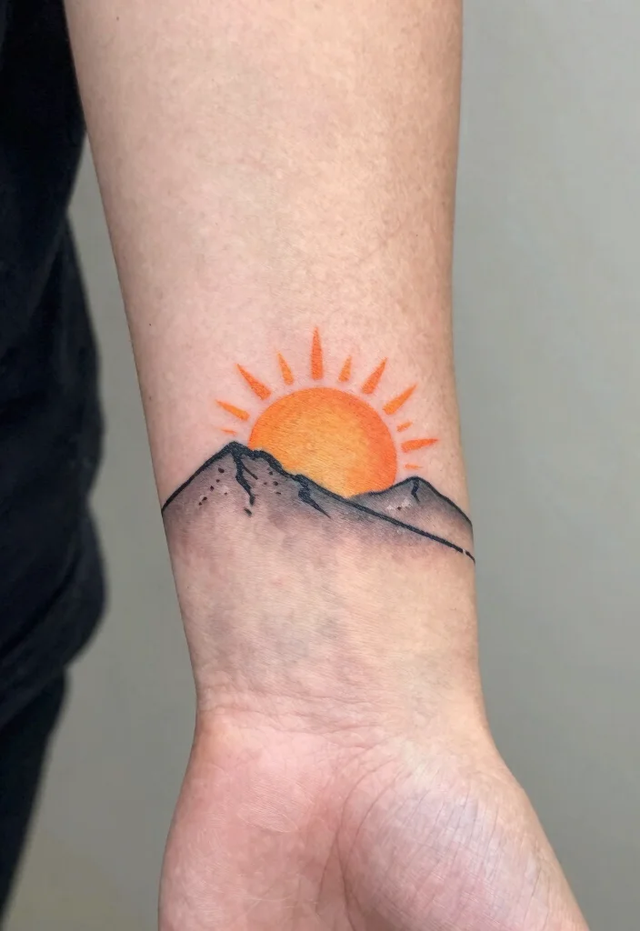14 Sun Wrist Tattoo Ideas With Minimal Glow 38 14 Sun Wrist Tattoo Ideas With Minimal Glow - 8. Sun with Mountains 1