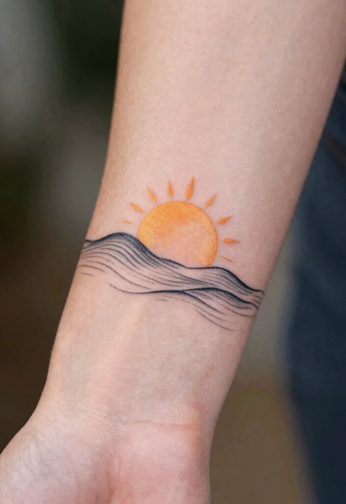 14 Sun Wrist Tattoo Ideas With Minimal Glow 49 14 Sun Wrist Tattoo Ideas With Minimal Glow - 9. Sun with Waves 1