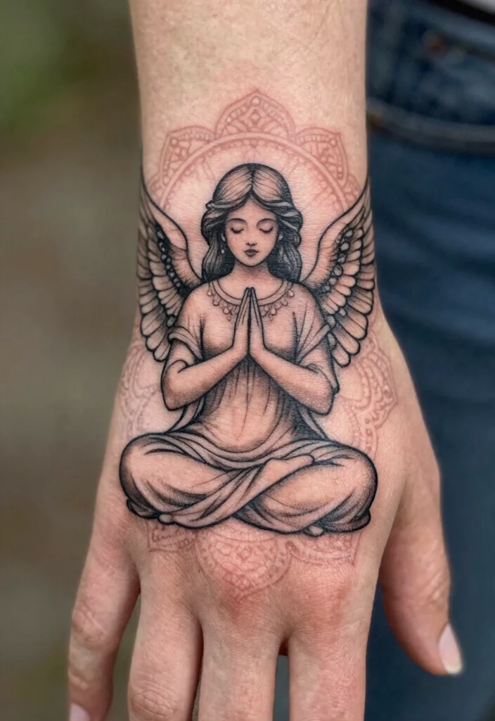 15 Angel Hand Tattoo Ideas With Spiritual Symbolism 50 15 Angel Hand Tattoo Ideas With Spiritual Symbolism - 10. Angel in Meditation 1