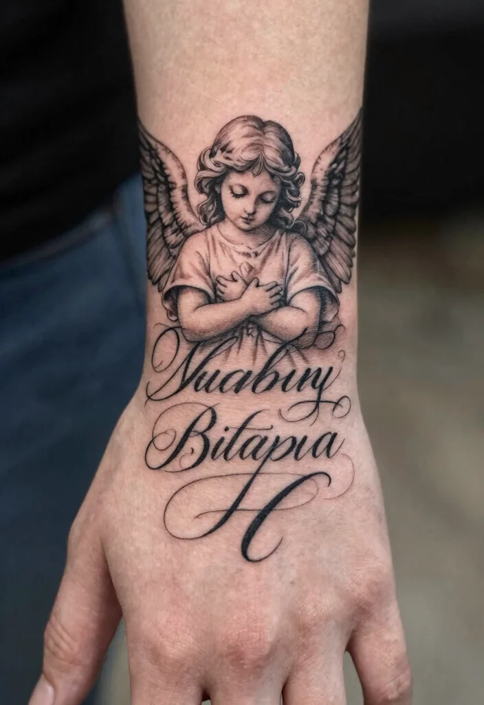15 Angel Hand Tattoo Ideas With Spiritual Symbolism 52 15 Angel Hand Tattoo Ideas With Spiritual Symbolism - 12. Creative Angel Script 1
