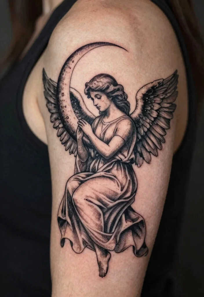 15 Angel Hand Tattoo Ideas With Spiritual Symbolism 54 15 Angel Hand Tattoo Ideas With Spiritual Symbolism - 14. Angel Embracing the Moon 1