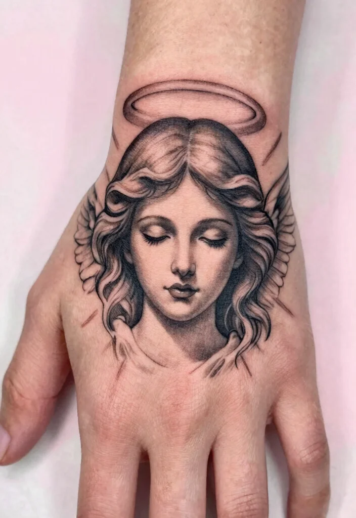 15 Angel Hand Tattoo Ideas With Spiritual Symbolism 2 15 Angel Hand Tattoo Ideas With Spiritual Symbolism - 2. Guardian Angel Portrait 1