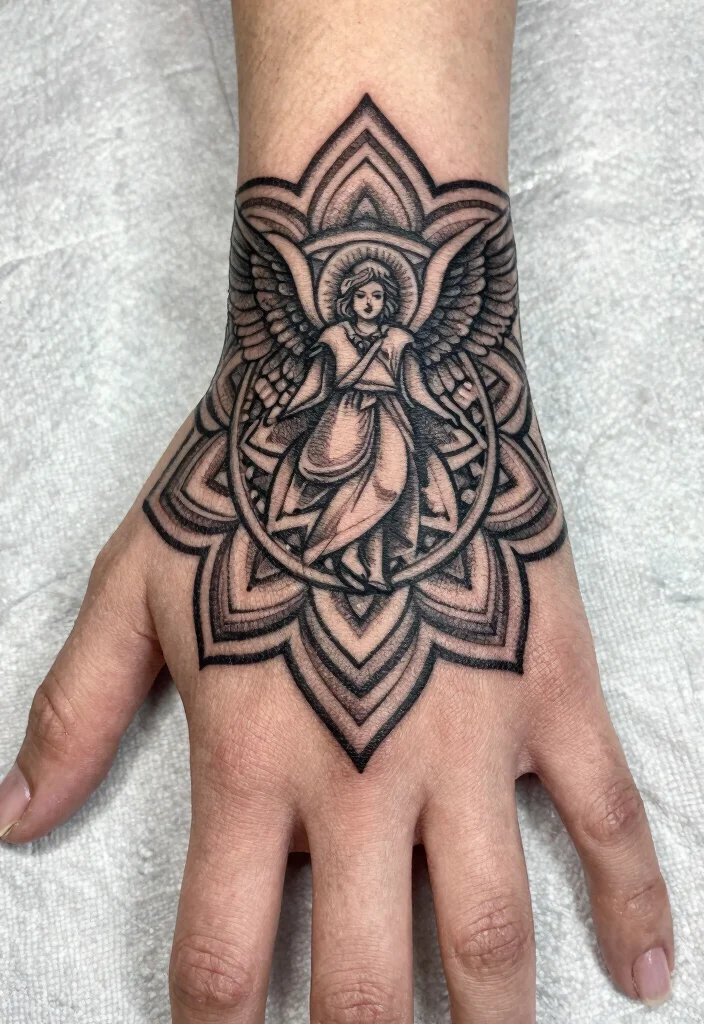 15 Angel Hand Tattoo Ideas With Spiritual Symbolism 3 15 Angel Hand Tattoo Ideas With Spiritual Symbolism - 3. Angelic Mandala 1