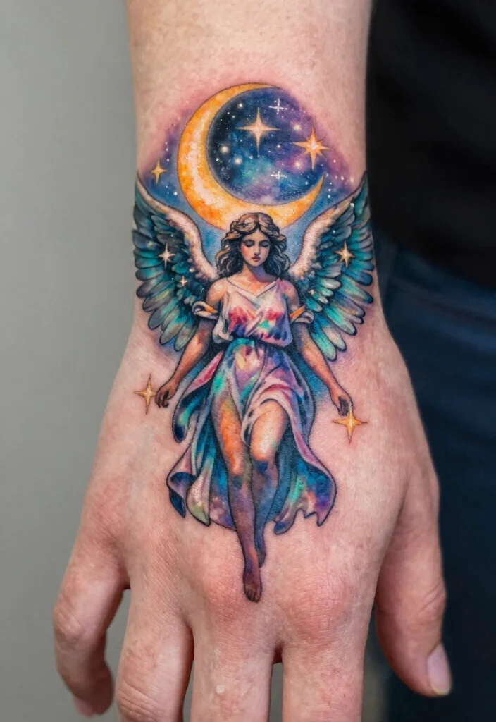 15 Angel Hand Tattoo Ideas With Spiritual Symbolism 15 15 Angel Hand Tattoo Ideas With Spiritual Symbolism - 5. Celestial Angel and Stars 1