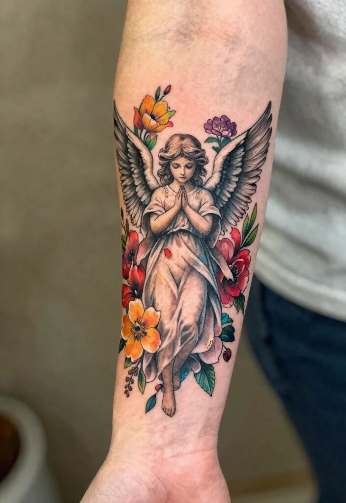 15 Angel Hand Tattoo Ideas With Spiritual Symbolism 26 15 Angel Hand Tattoo Ideas With Spiritual Symbolism - 6. Angel with Flower Accents 1