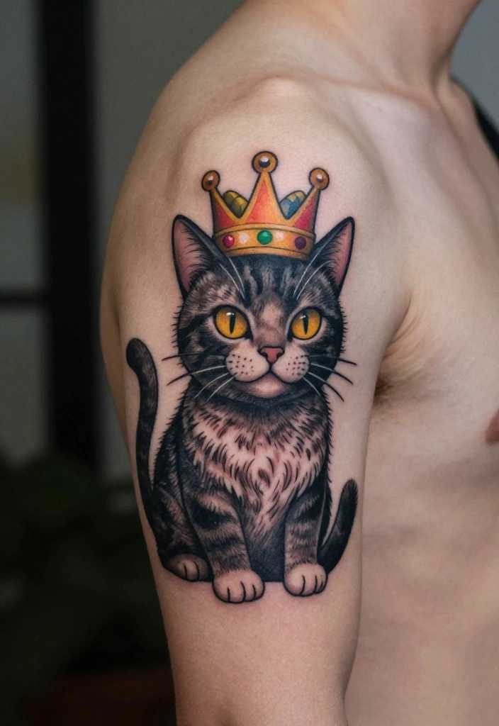 15 Cat Tattoo for Men Ideas With Bold Personality 42 15 Cat Tattoo for Men Ideas With Bold Personality - 12. Cat with a Crown 1