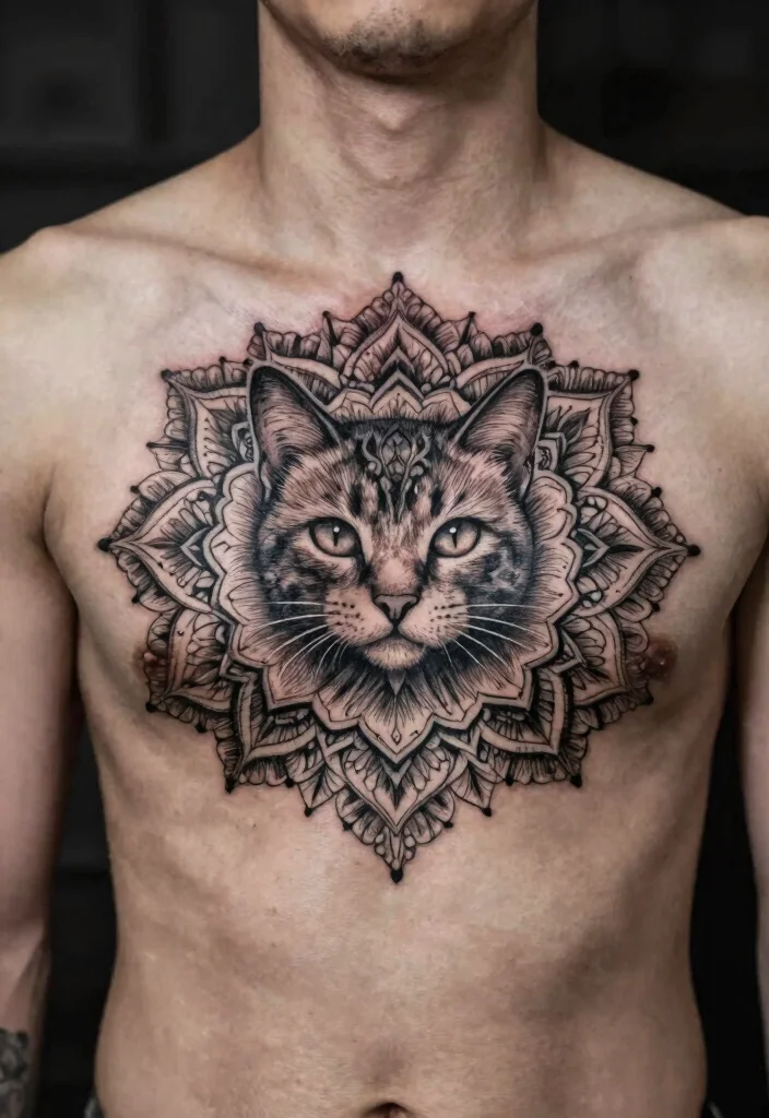 15 Cat Tattoo for Men Ideas With Bold Personality 13 15 Cat Tattoo for Men Ideas With Bold Personality - 3. Cat Mandala 1