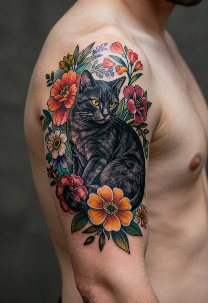 15 Cat Tattoo for Men Ideas With Bold Personality 25 15 Cat Tattoo for Men Ideas With Bold Personality - 5. Cat with Flowers 1