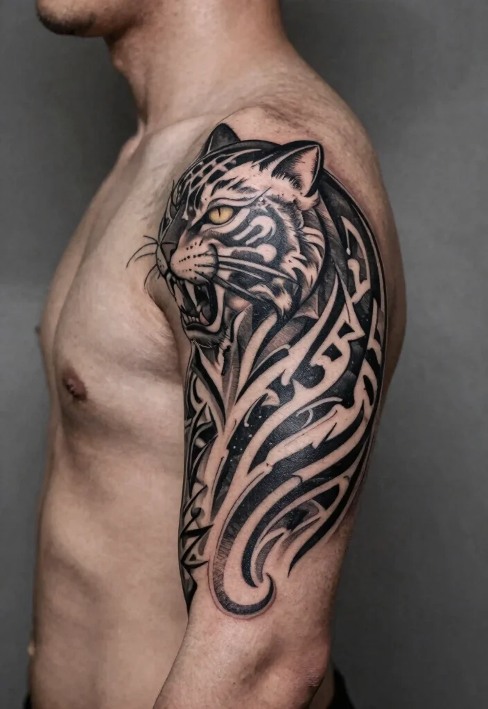 15 Cat Tattoo for Men Ideas With Bold Personality 26 15 Cat Tattoo for Men Ideas With Bold Personality - 6. Tribal Cat 1