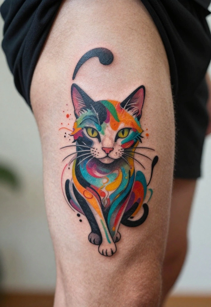 15 Cat Tattoo for Men Ideas With Bold Personality 27 15 Cat Tattoo for Men Ideas With Bold Personality - 7. Abstract Cat Art 1