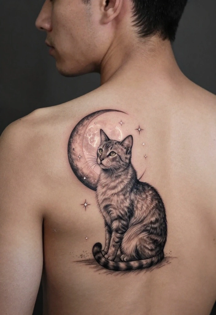 15 Cat Tattoo for Men Ideas With Bold Personality 39 15 Cat Tattoo for Men Ideas With Bold Personality - 9. Cat and Moon 1
