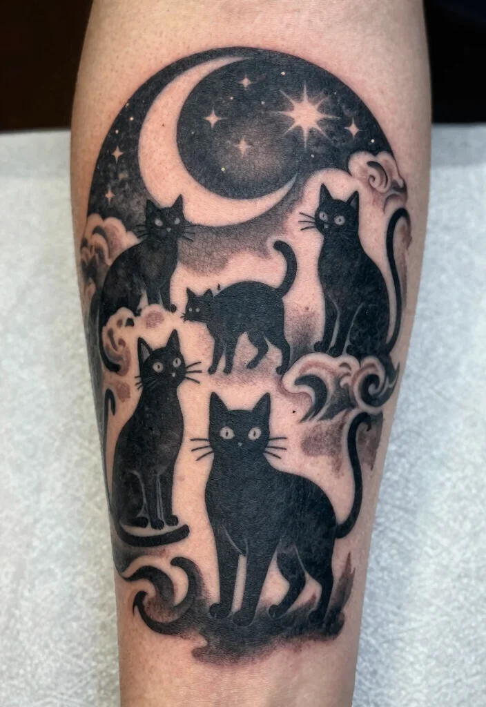 15 Creepy Cat Tattoo Ideas With Dark Aesthetic - 1. Spooky Silhouette Cats 1