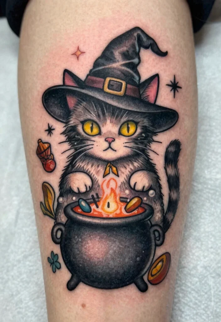 15 Creepy Cat Tattoo Ideas With Dark Aesthetic - 11. Creepy Cat and Witch Elements 1