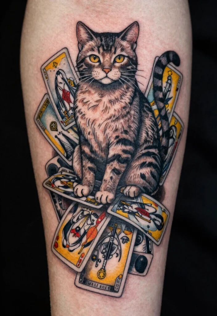 15 Creepy Cat Tattoo Ideas With Dark Aesthetic - 12. Cat with Tarot Cards 1