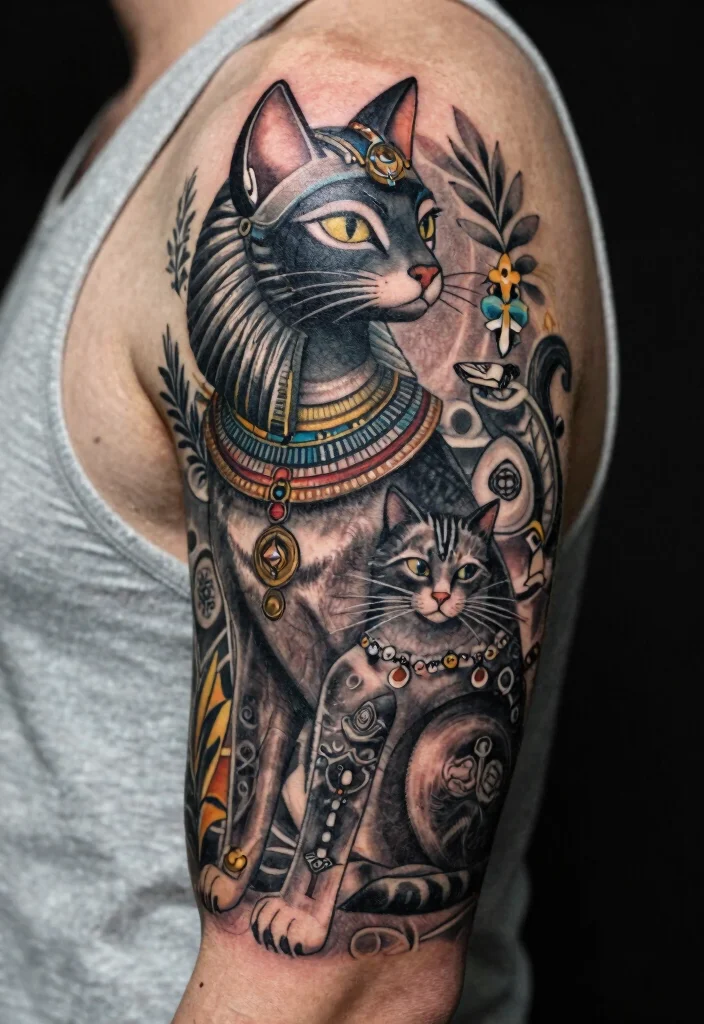15 Creepy Cat Tattoo Ideas With Dark Aesthetic - 13. Folklore Cat Mythology 1
