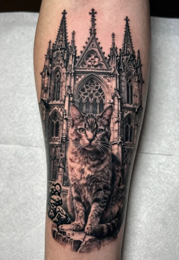 15 Creepy Cat Tattoo Ideas With Dark Aesthetic - 14. Creepy Cat and Gothic Architecture 1
