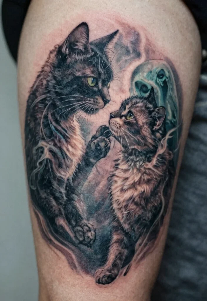 15 Creepy Cat Tattoo Ideas With Dark Aesthetic - 15. Creepy Cat and Whispering Spirits 1