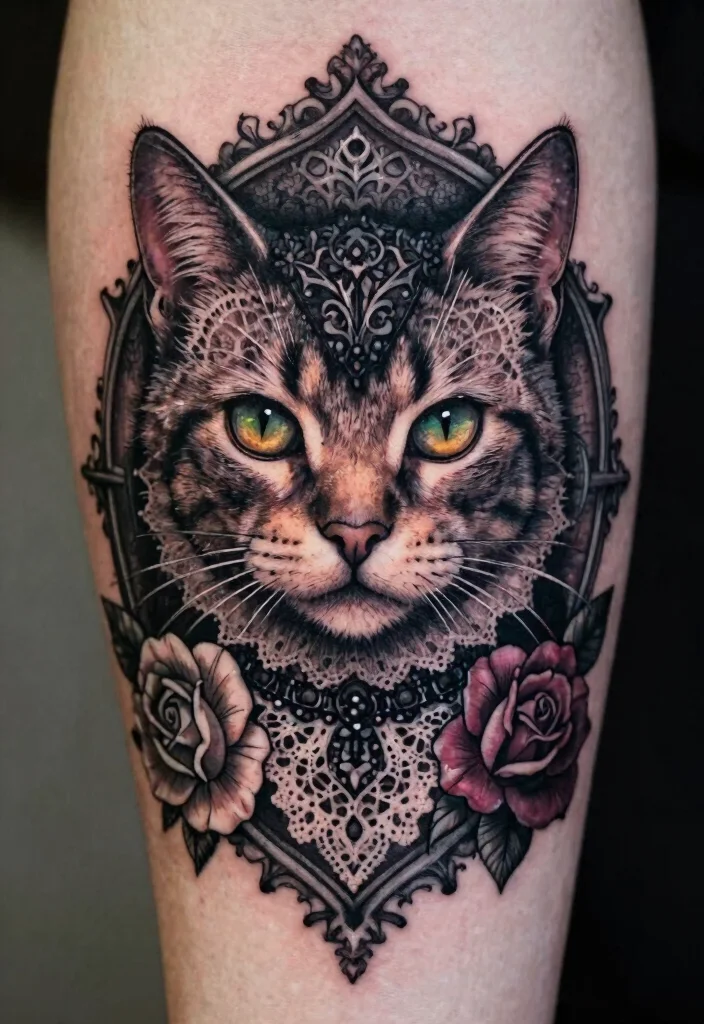 15 Creepy Cat Tattoo Ideas With Dark Aesthetic - 2. Gothic Cat Portraits 1