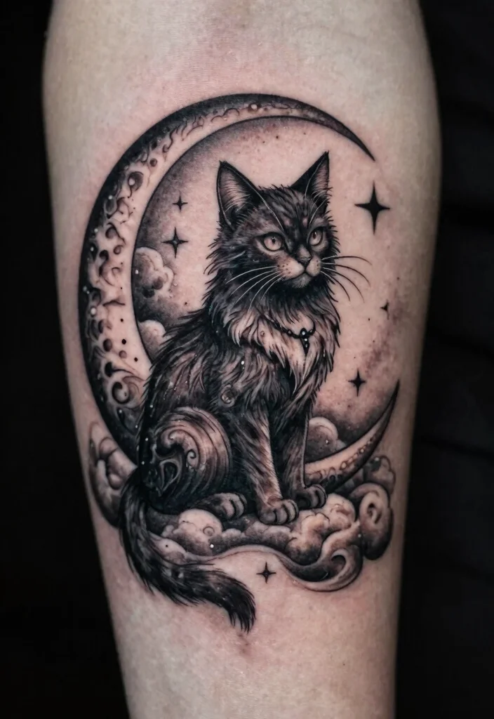 15 Creepy Cat Tattoo Ideas With Dark Aesthetic - 3. Eerie Cat with Moon 1